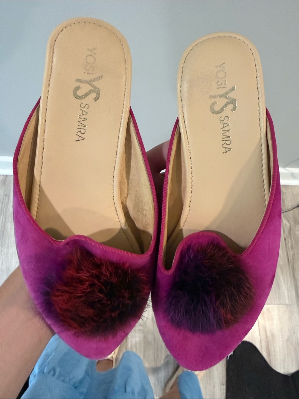 Yosi Samra Magenta Suede Pom-Pom Mules - Picture 2 of 5